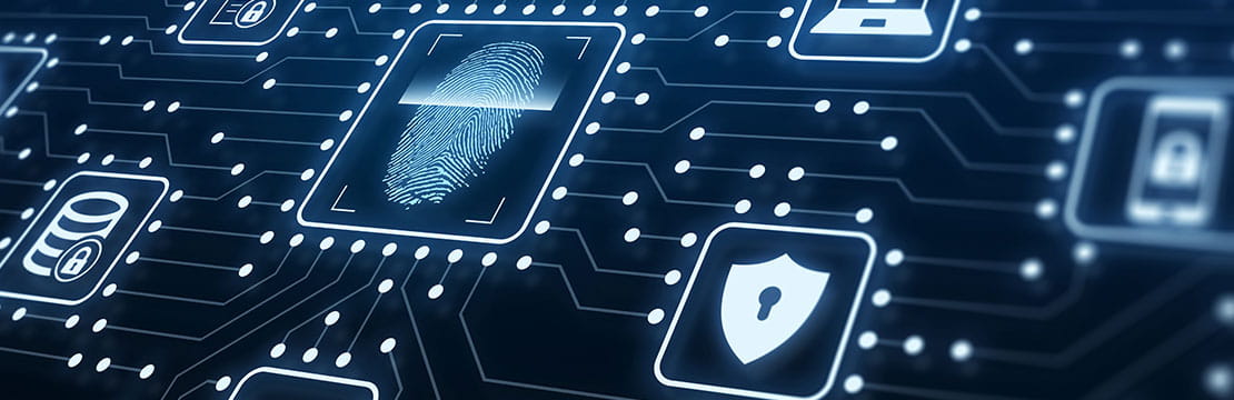 Digital circuit board with glowing icons of a fingerprint, padlocks, and a shield representing secure technology.